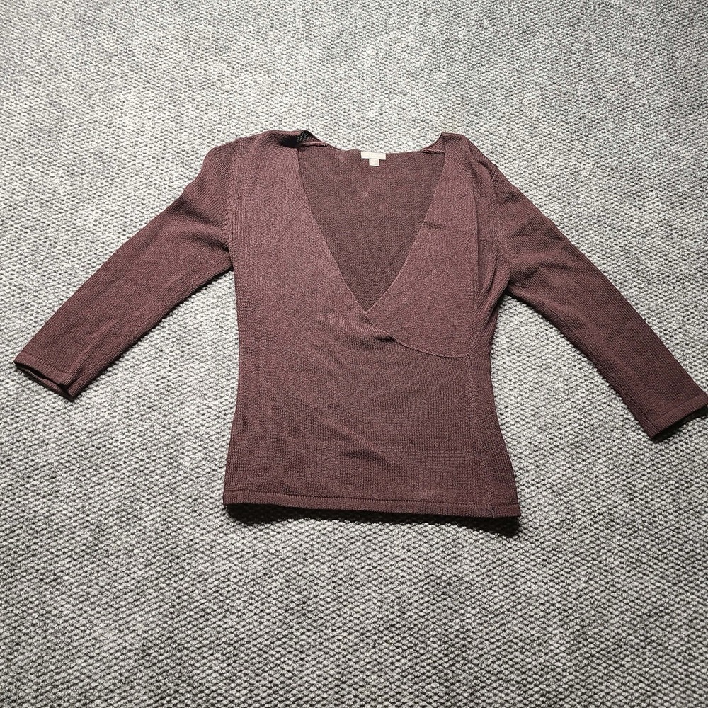 Ann Taylor Brown Silk Blend Rib-Knit Faux-Wrap V-Neck Sweater Blouse Small